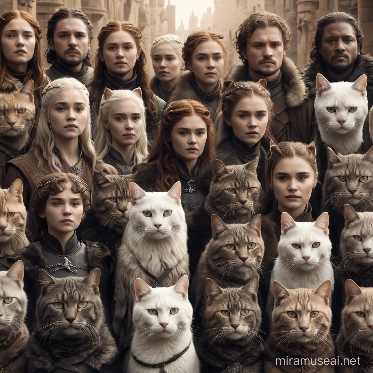 a scene from Game of Thrones starring only humans with cat faces