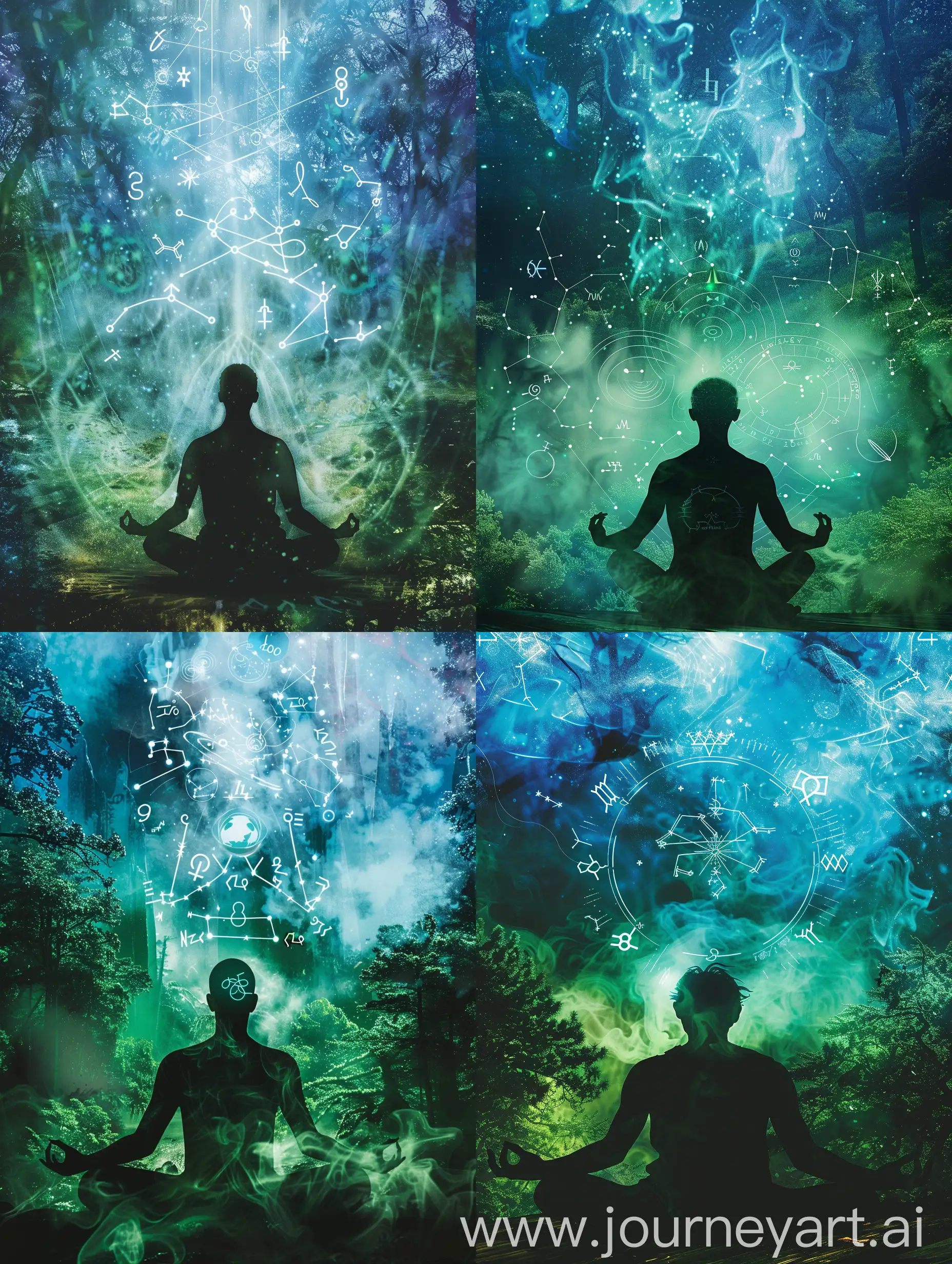 silhouette of a human, sitting in a lotus position, thinking about who is he, surrounded by mystical fog in green and blue forest, luminous astrology and numerology  symdols in air