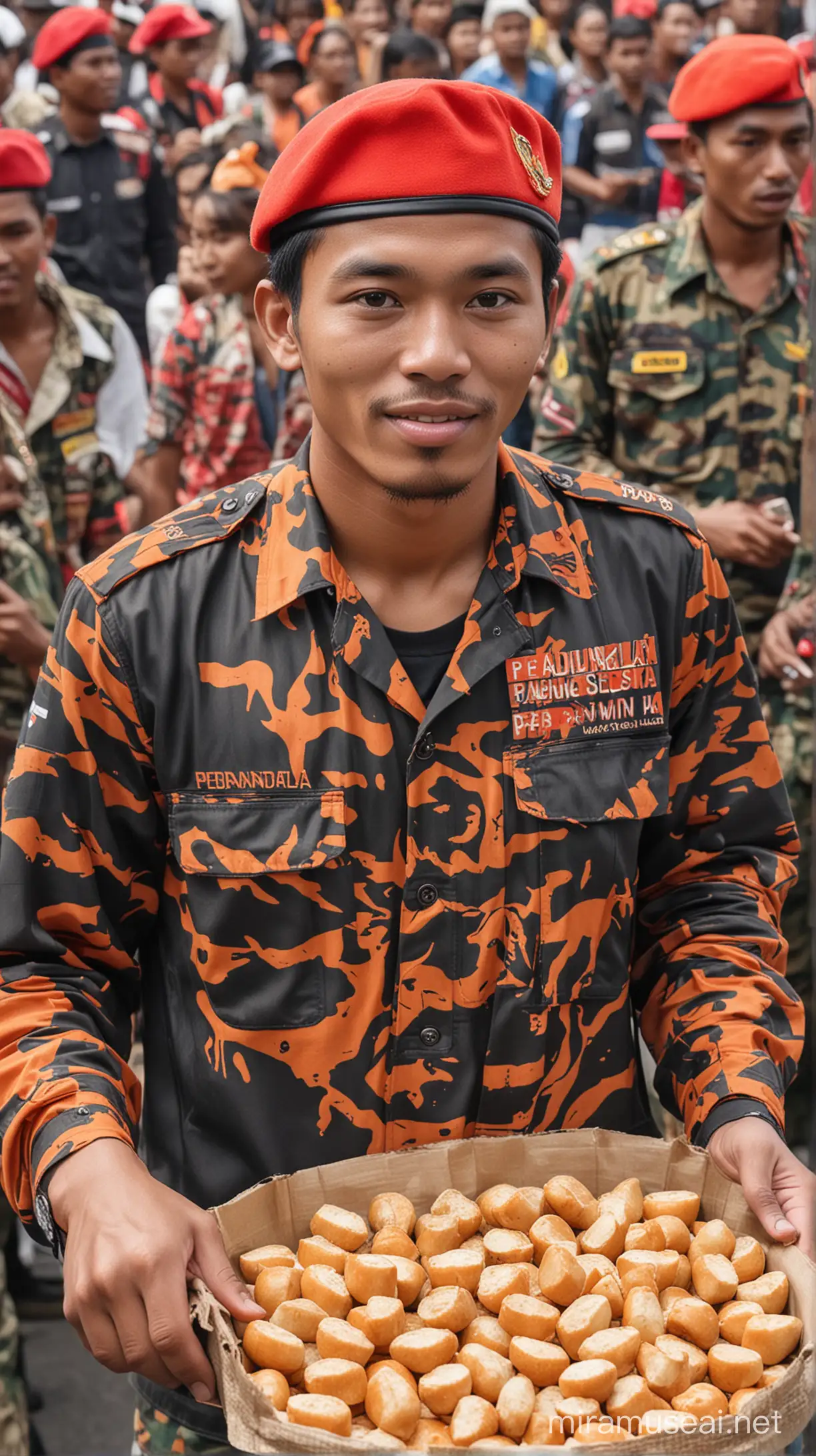 Seorang laki laki bernegara indonesia usia 25 tahun berseragam loreng berwarna orange hitam bertuliskan pemuda pancasila di dada sebelah kiri dan memakai baret merah cabe sedang di mengambil makanan di kerumunan banyak orang