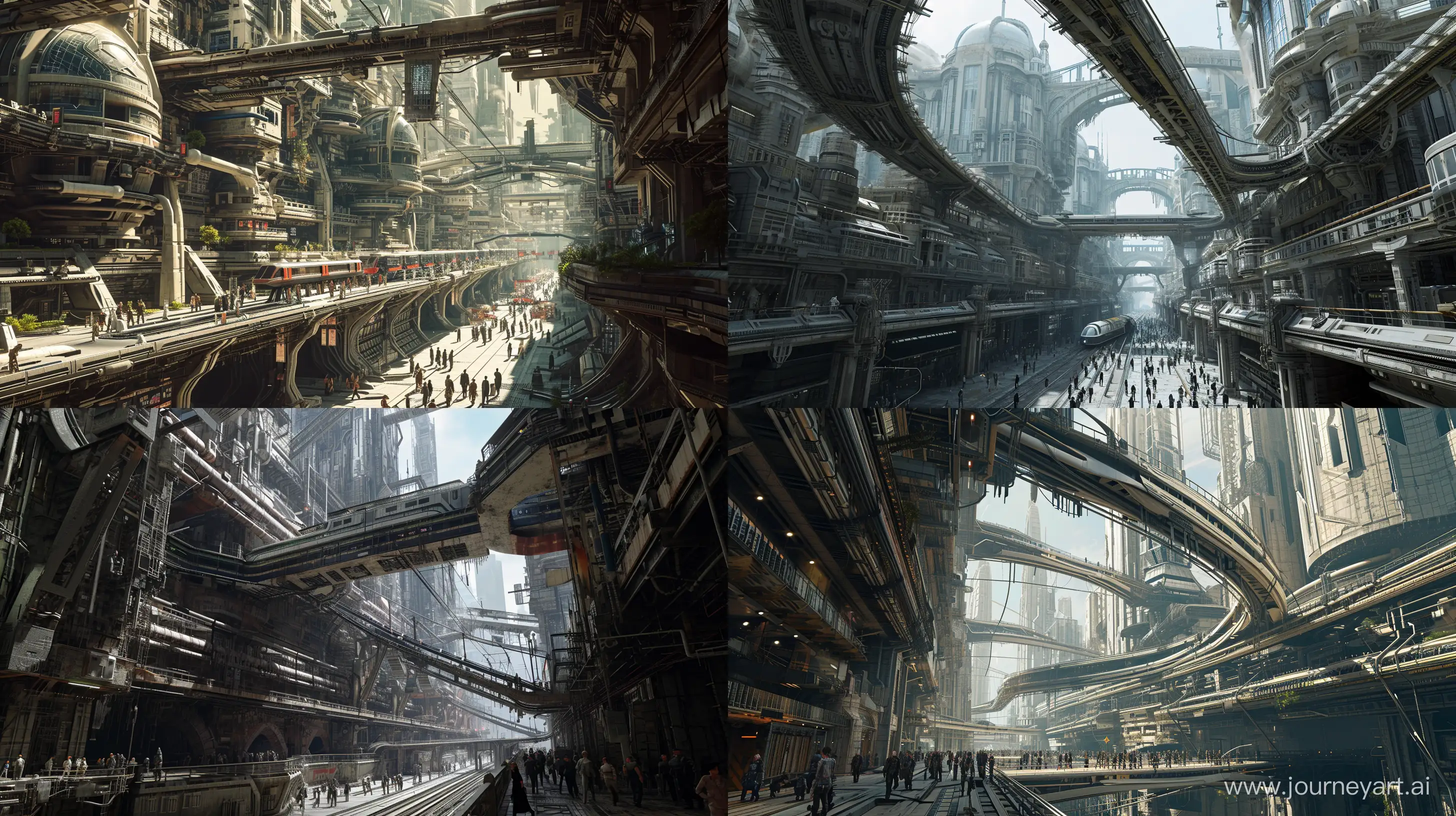 Ground view of Neo Babylon cyberpunk metropolis, futuristic architecture, high density buildings, tunnels, monorail trains, elevated bridges, people everywhere walking elaborate catwalks, intricate details, highly detailed, ethereal environment, hyper-detailed architecture, photorealistic, octane render, unreal engine, in the style of Tsutomu Nihei and Steve McDonald, 8k --ar 16:9 --v 6.0