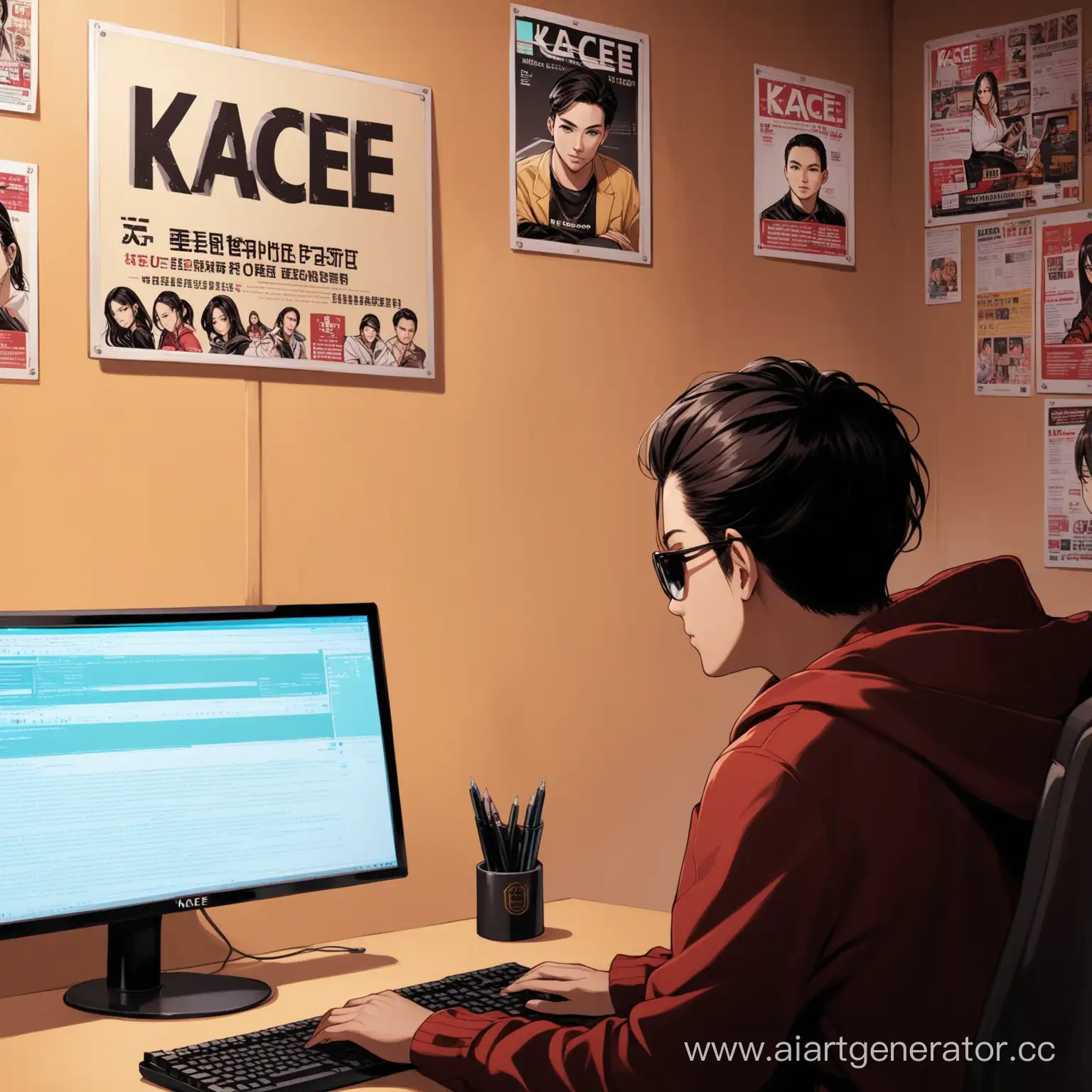 человек за компьютером, на фоне взывы, на экране надпись "Kacee"