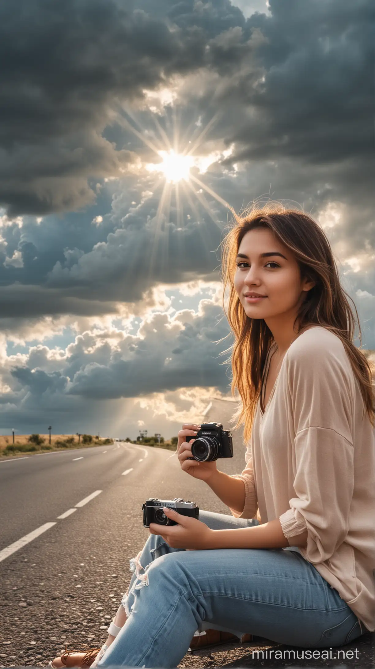 Beautiful Girl with Camera Sitting by Sunny Roadside