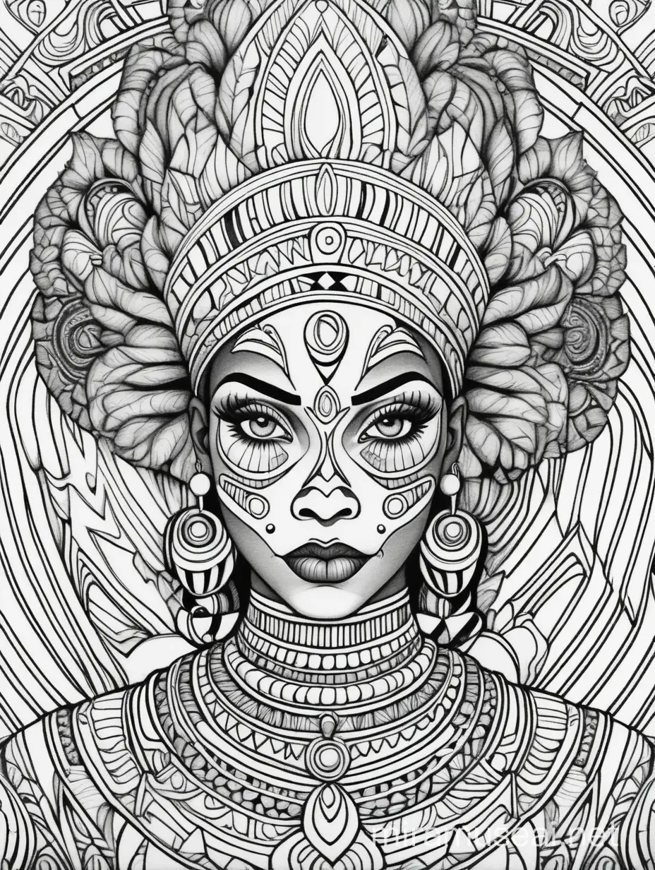 adult coloring page, black & white, strong lines, high details, symmetrical mandala, Beautiful African Woman clown