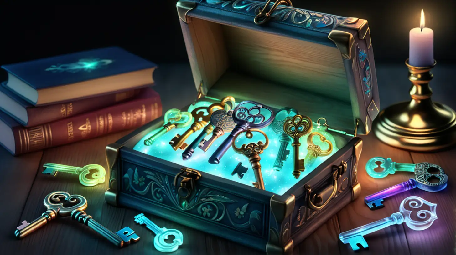 a treasure box of glowing glass keys with iridescent glow, fairytale, magical, library 8K.