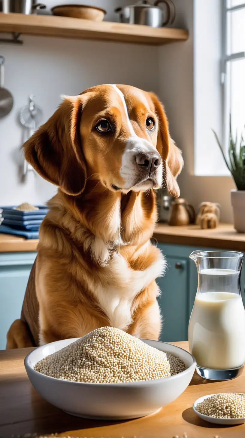 image of a dog looking at a bowl of puffed millet and milk on the kitchen table, make sure puffed millet is on the box 