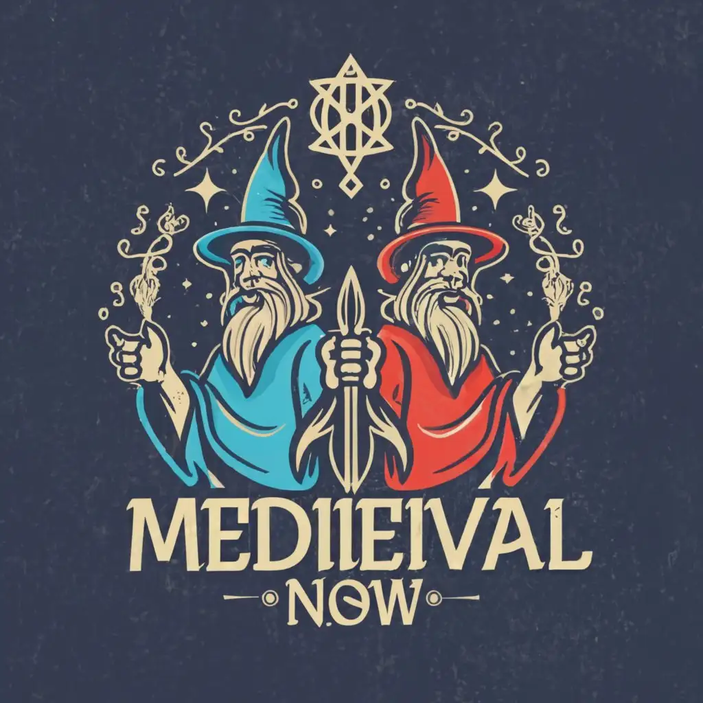 a logo design, with the text 'Medieval Now', main symbol: hand on either side of a wizard, one old one new, Moderate, to be used in Restaurant industry, clear background, holding an hourglass