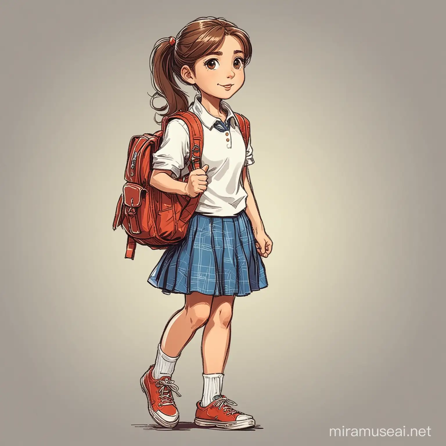 漫画手绘风格，女生，小学5年级学生，裙子，背着书包