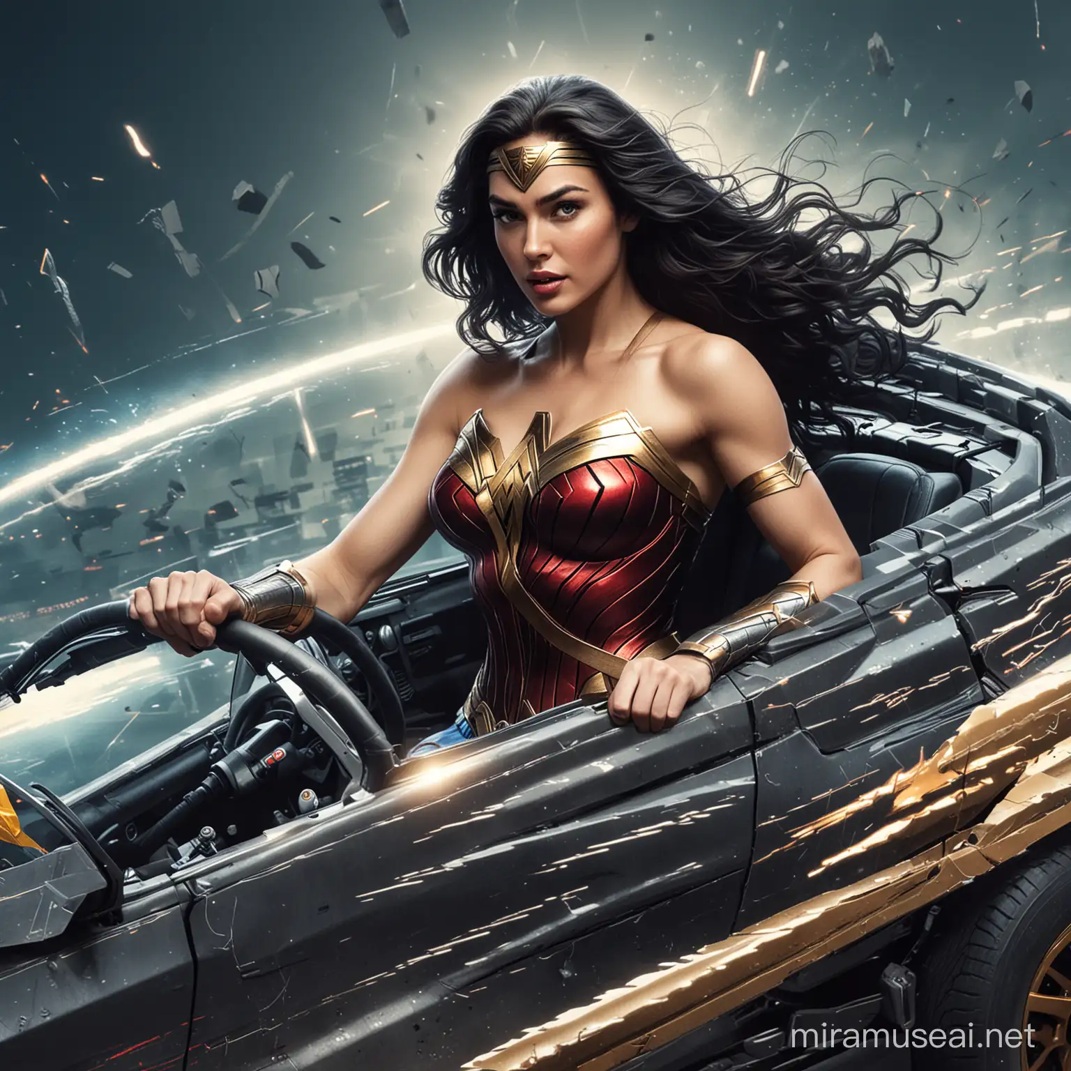 create a realistic wonder woman driving a car with a futuristic background. for screen printing