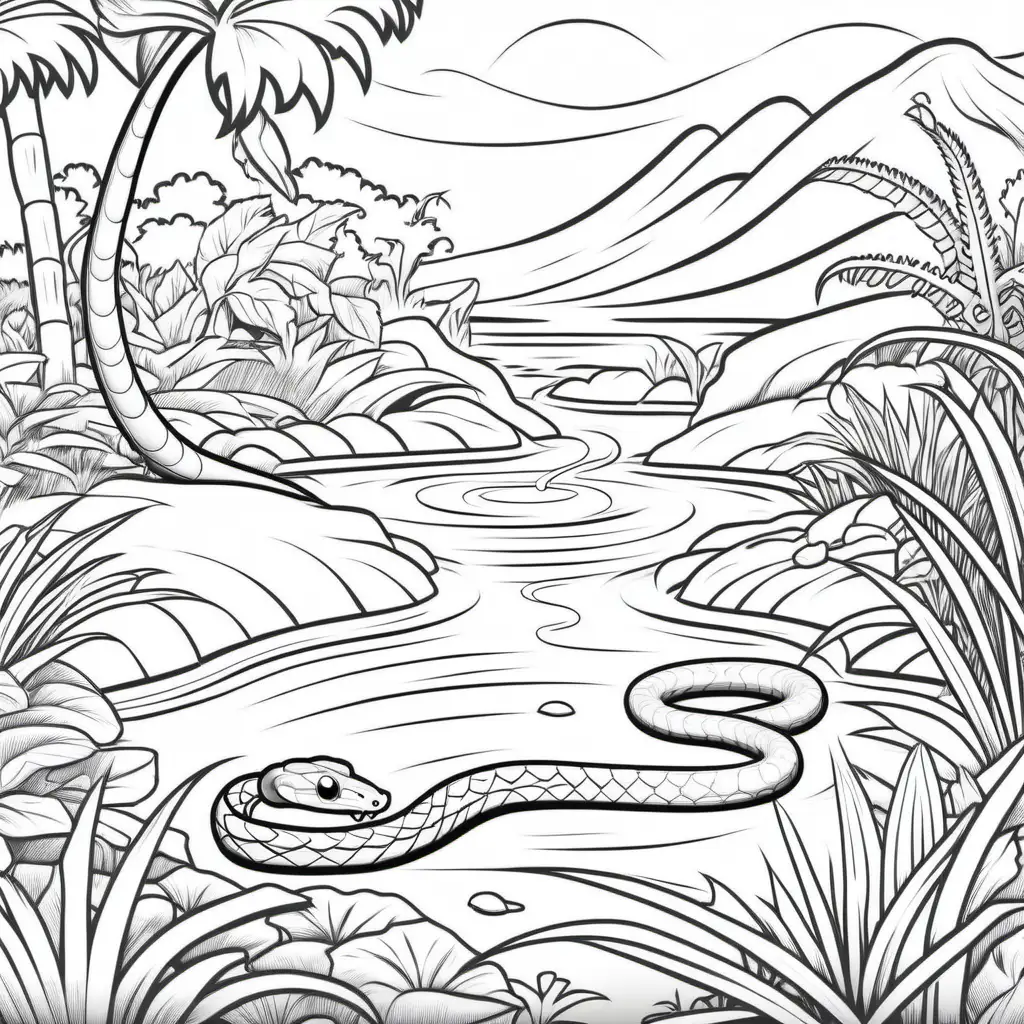 Coloring page for kids, Snake preying on a mouse in Garden of Eden close to a water body, clean line art