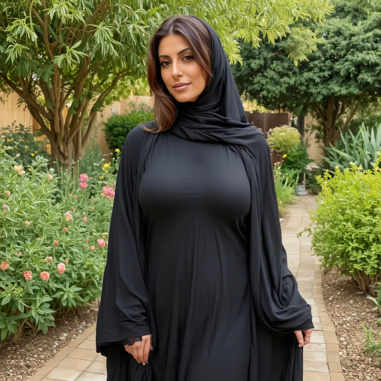 
sexy slim 40 year old iranian woman with very big 36DD breasts, in a loose black burqa, with beautiful free flowing brown hair, full size, in a garden. Not showing her hands