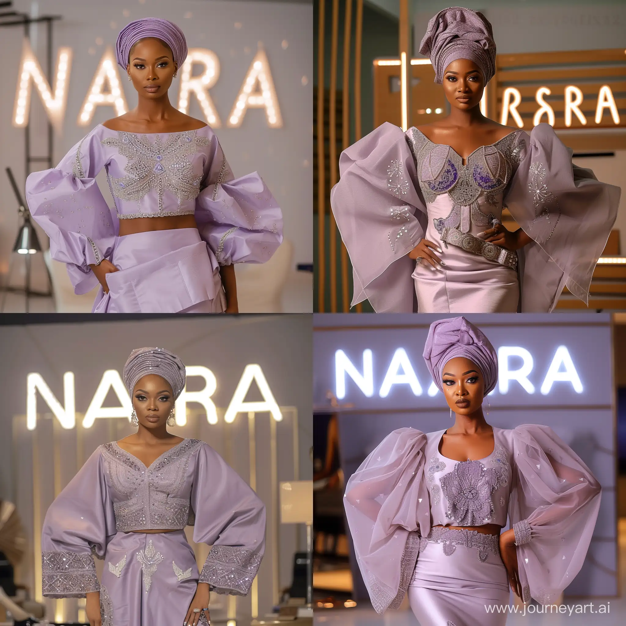 Create an image of a Nigerian woman with a slender physique, elegantly attired in a traditional Boubou garment in a soft lavender. The Boubou is made from a blend of silk and organza, with wide, refined sleeves. The front features tasteful silver and lavender diamond decorations. Her hair is styled with a traditional Hausa head wrap simply to complement the outfit's sophistication. The backdrop is a showroom with the word NASARA written in hold lights highlighting her grace and the cultural significance of her traditional dress.
