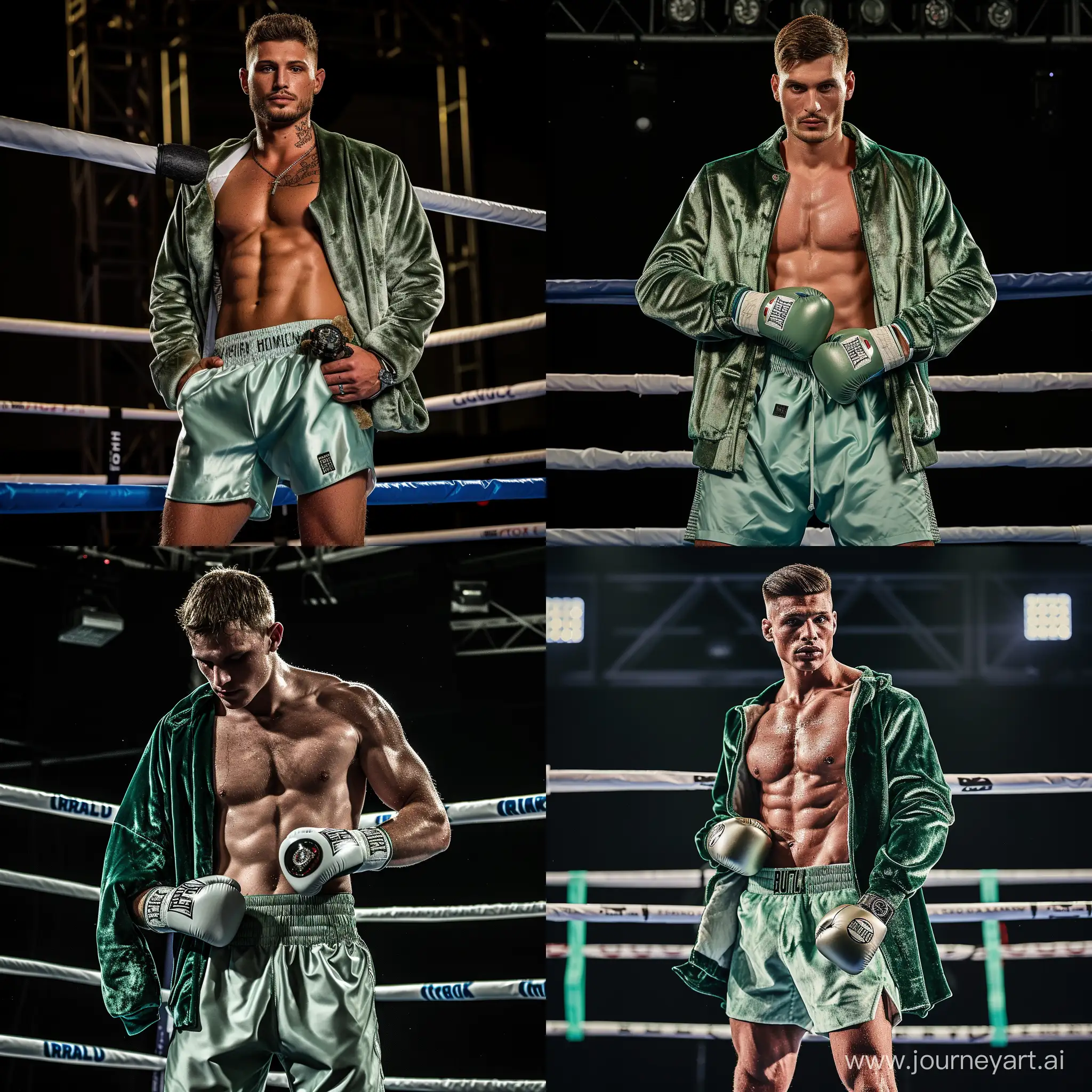 create a beautiful athletic man on the background of the boxing ring in shorts and in (green velvet jacket) (with a watch on his hands), full height. shorts light green boxers