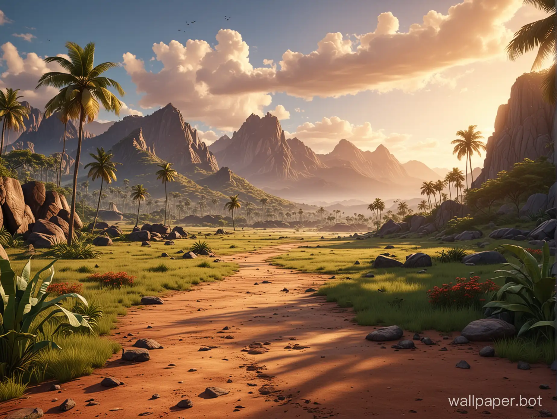 Scenery from the tropical world, flat empty ground in front high elevation, looking mountains in the background, realistic and highly detailed, Disney style, cinematic mood