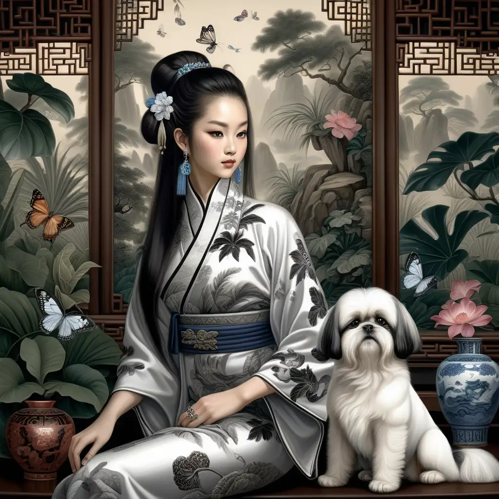 A beautiful Chinese courtesan, A longhair black and white shitzu dog, sits in her butterfly conservatory, a painting of a traditional Chinese scenery, on a Ming vase, in the style of baroque-inspired chiaroscuro, mysterious jungle, realistic color palette, 8k resolution, tattoo-inspired, sfumato, rococo decadence --ar 93:128 --s 750 --v 6.0