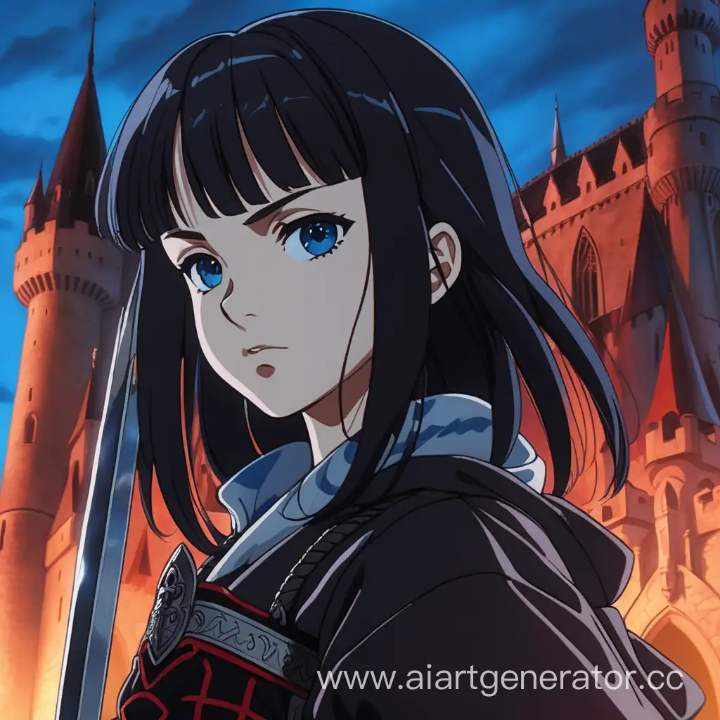 Old anime style. A girl with black hair and blue eyes looks serious. She holds a sword with a red blade. Low-angle close-up shot. In the background, a black gothic castle.