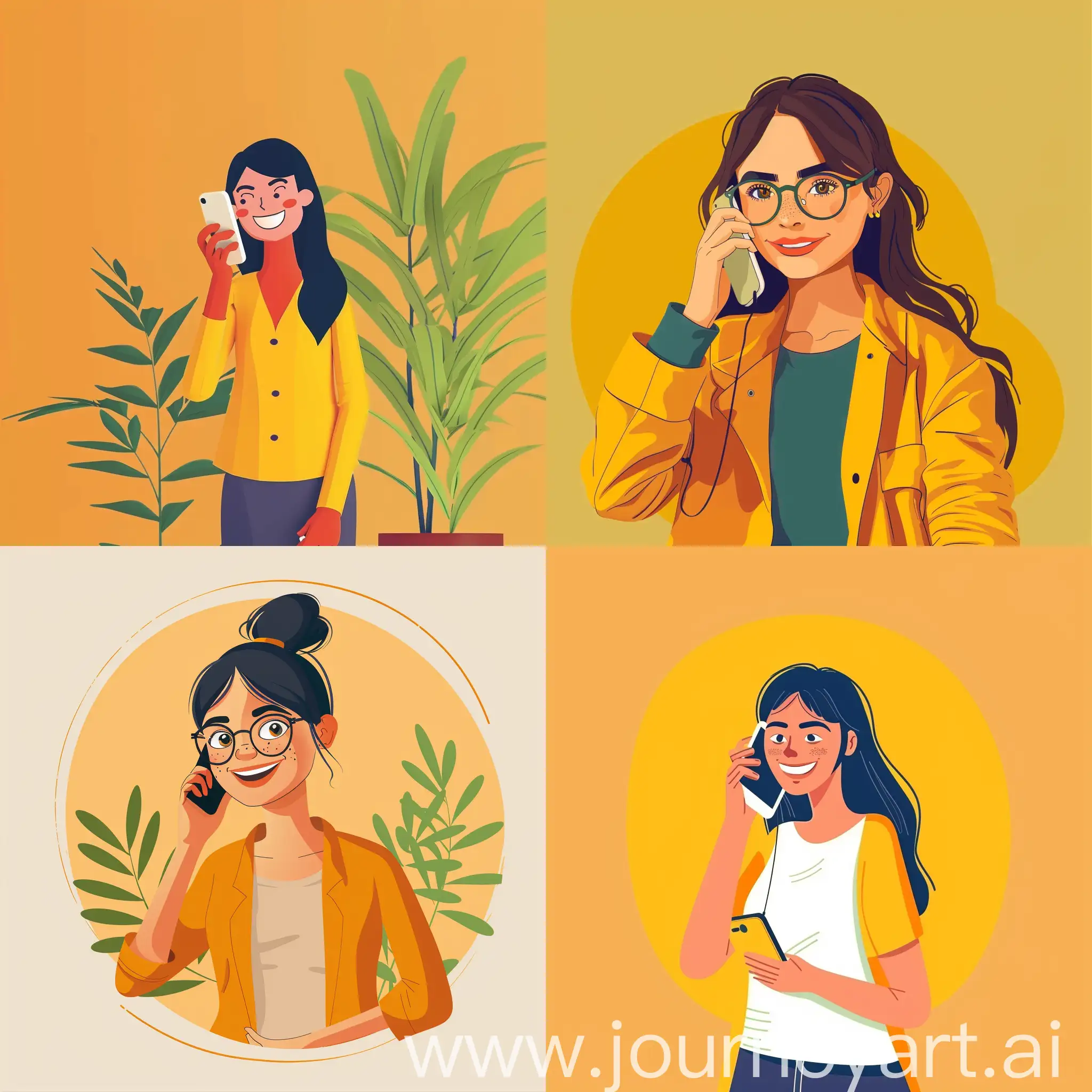 a young smiley woman talking on phone, Graphic poster design, flat style, no C4D