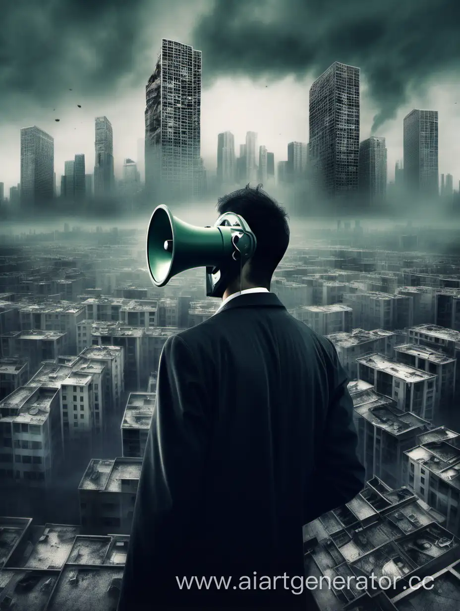 Dystopian-City-Portrait-Man-with-Loudspeaker-Face