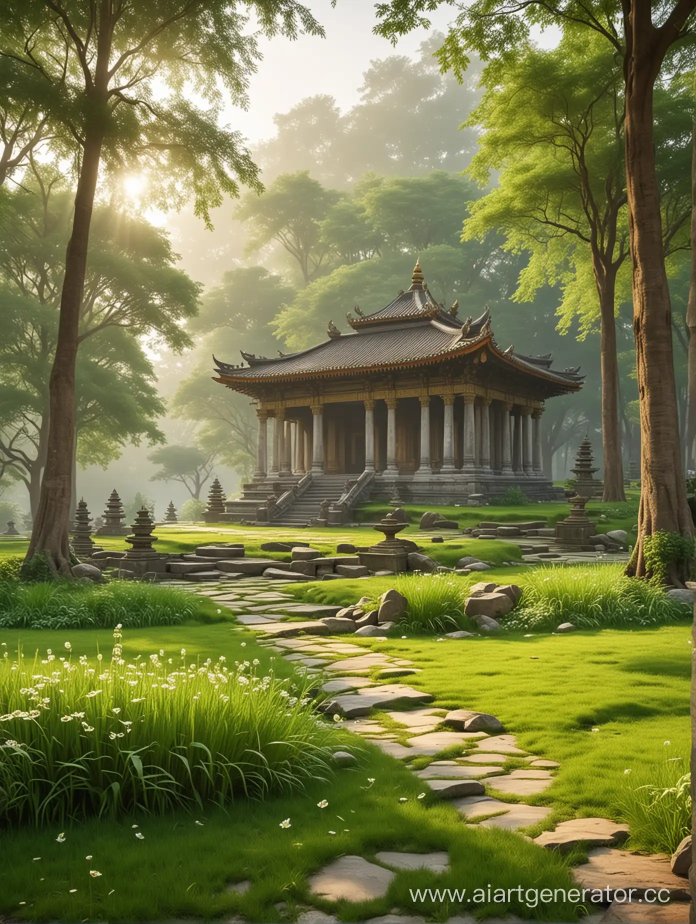 a beautiful luxurious spacious temple, with grass, spring morning, greenery, landscape, nature.