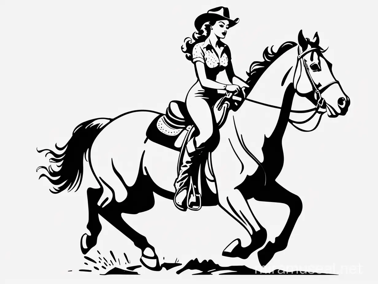 Vintage Pinup Style Sketch Cowgirl Riding Horse in Minimalistic Vector Art