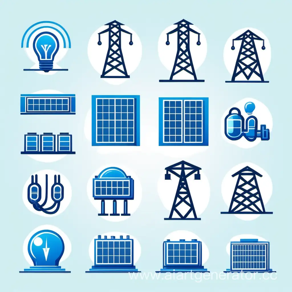 Blue-Power-Grid-Icons-on-White-Background-Transformer-Substation-Power-Line-Support-Light-Bulb