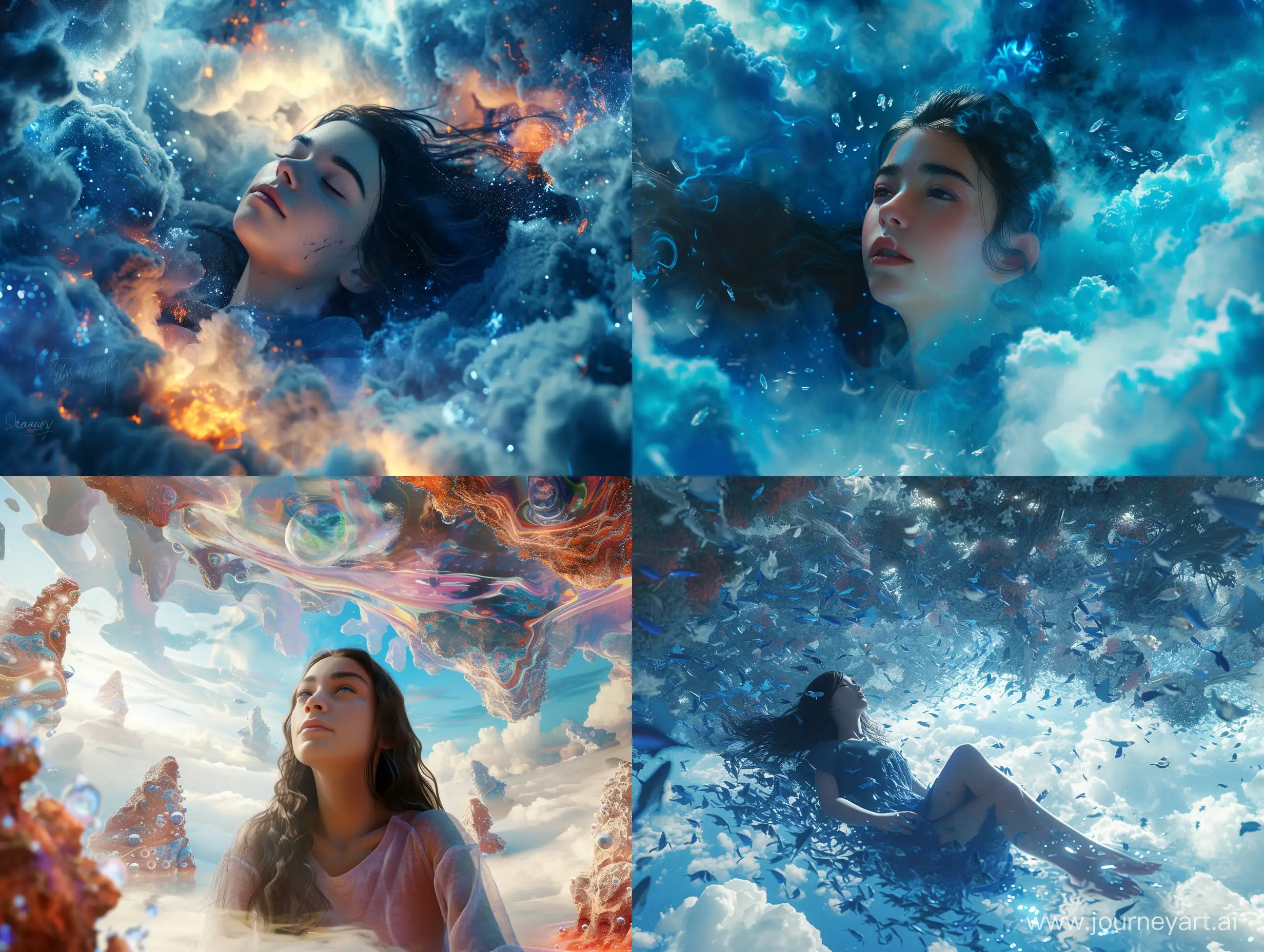 Dreamy Vision background a woman immersed in a dream, where reality blends with fantasy. A unique journey through the realm of dreams, where imagination flourishes and evokes thought on human nature and the creative process. Concept art and render on par with the finest digital works on ArtStation, a breathtaking vision brought to life through Unreal Engine and technical virtuosity