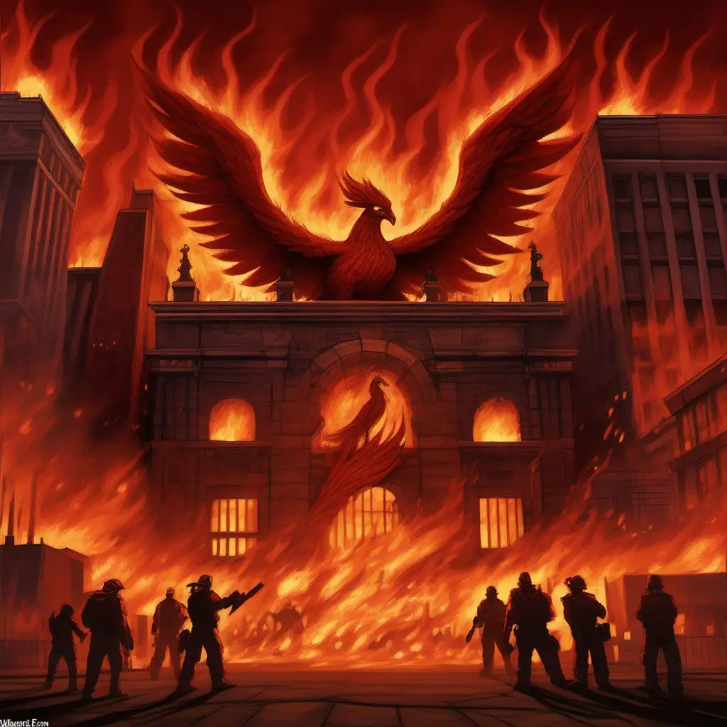 a gritty urban landscape transformed by the fiery touch of the gang. Buildings bear phoenix murals, and streets are adorned with flame motifs. A central plaza features a phoenix statue engulfed in eternal flames, symbolizing the gang's dominance. The air is thick with the scent of burning embers, and the ambient glow of flickering flames paints the area in an ominous red hue. Blaze Citadel is a relentless inferno, both a sanctuary and battleground for the Inferno Phoenix Posse in the mythic underworld.