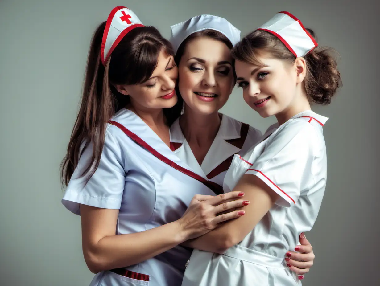 Tender Embrace Girl in Satin Nurse Uniforms Shares a Heartfelt Hug with Her Mother