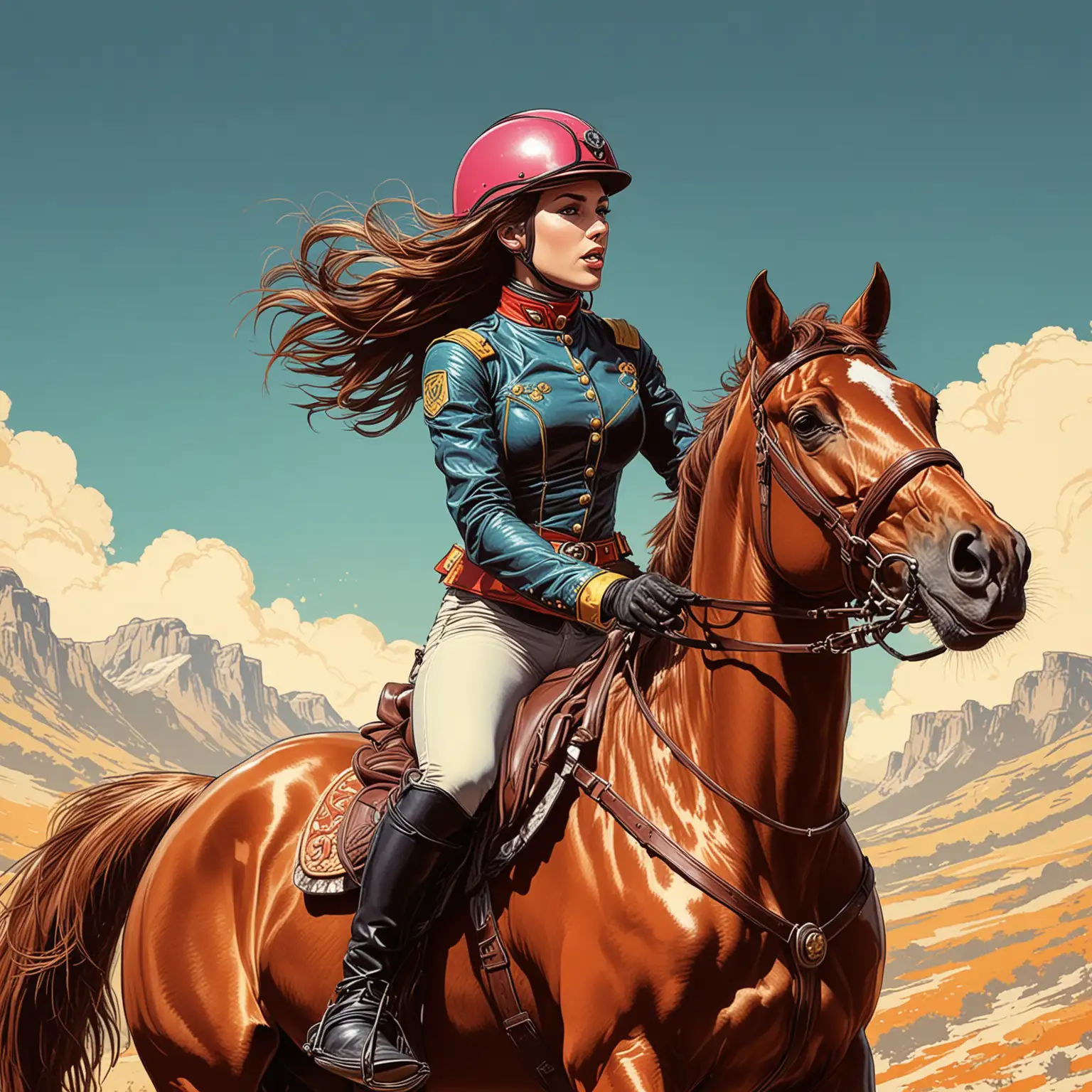 Vibrant Pop Art Illustration Female Rider Mounted on Horse