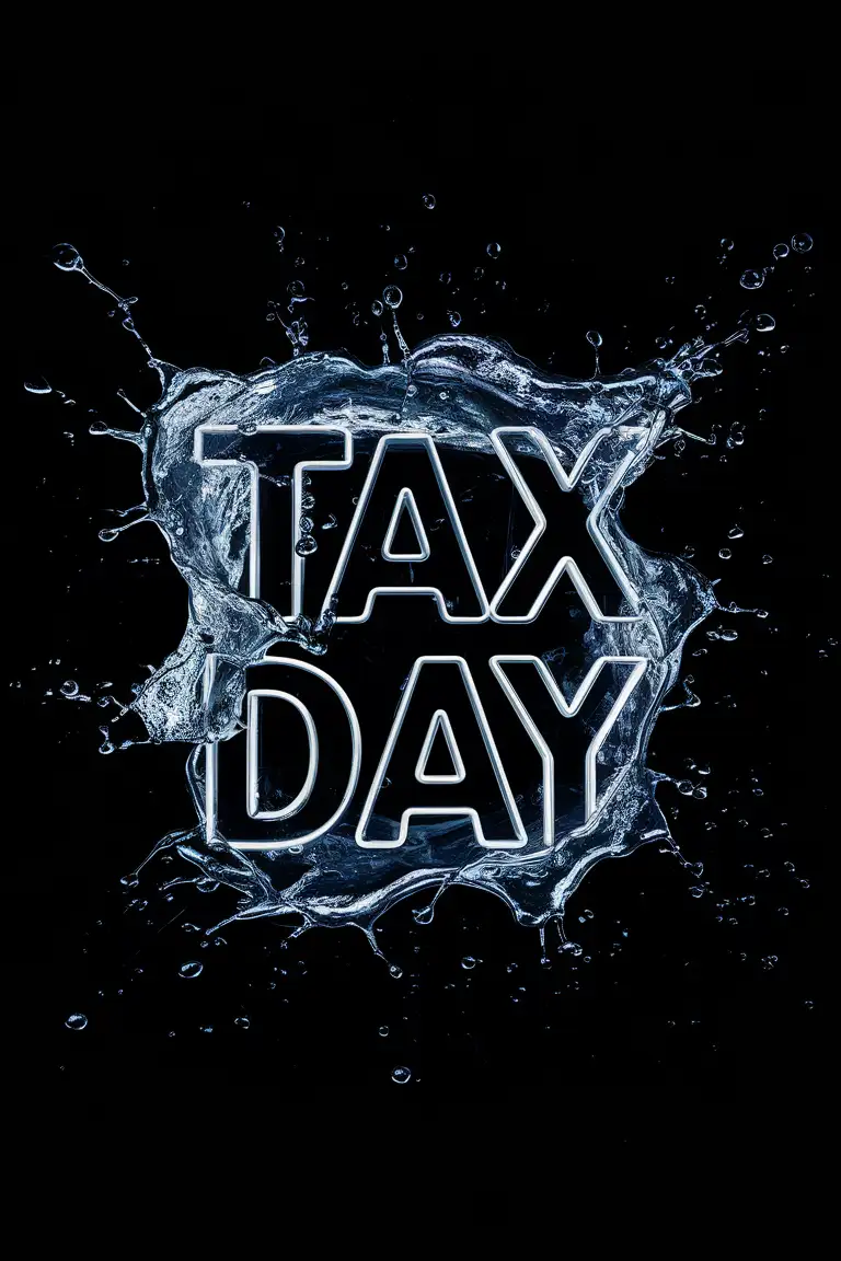 high-contrast splash of water against a dark background. The splash is in the center of the image and shaped to form the word ‘Tax Day’. The water is crystal clear with air bubbles and droplets vividly detailed to give a sense of movement and vitality. The image has a monochromatic color palette with shades ranging from deep blues to bright whites. There is an effective use of lighting to enhance the contrasts and to highlight the texture of the water, creating a sense of dept