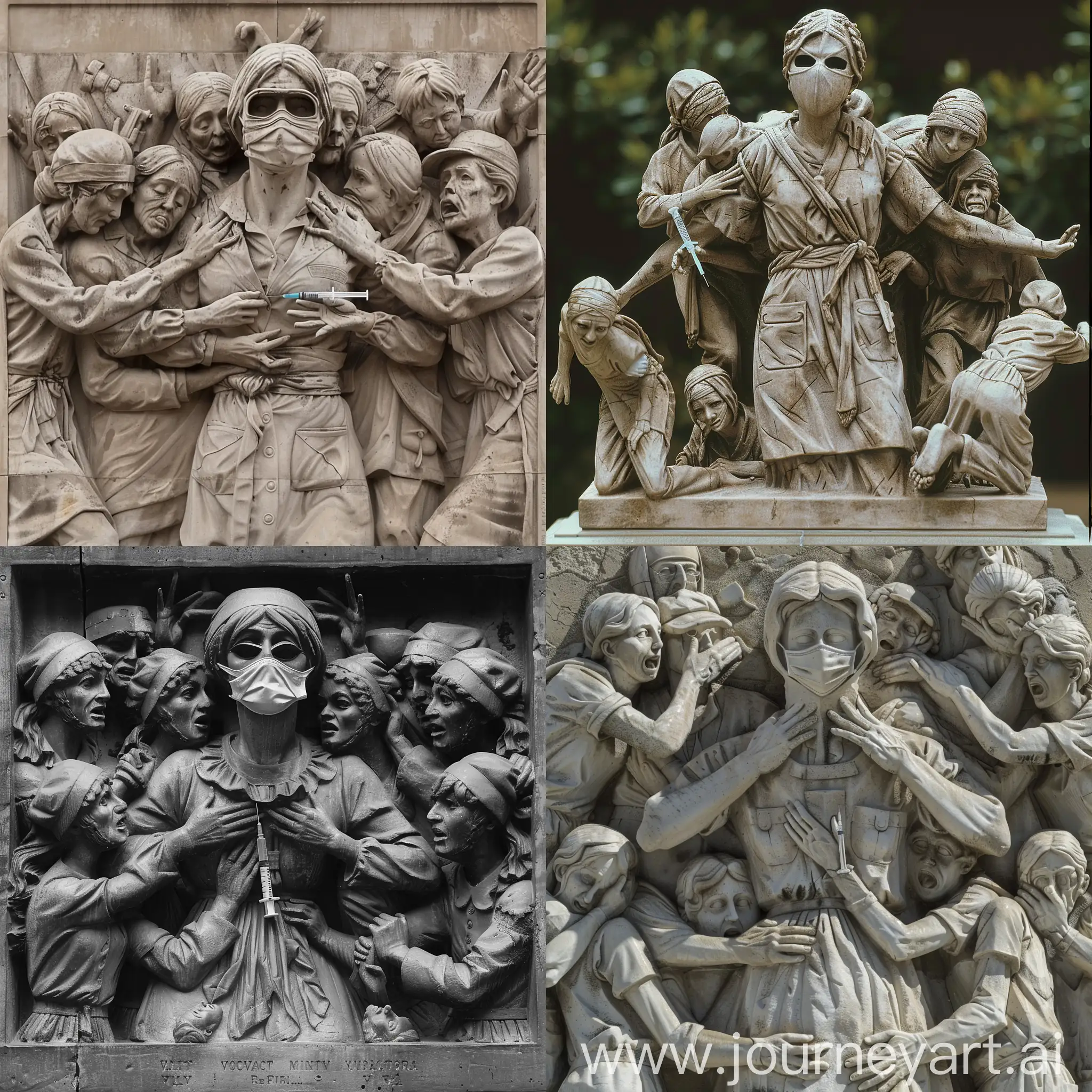 A monument in memory of the victims of vaccination which represents a nurse who has a mask over her eyes and is armed with a syringe, surrounded by pleading victims.