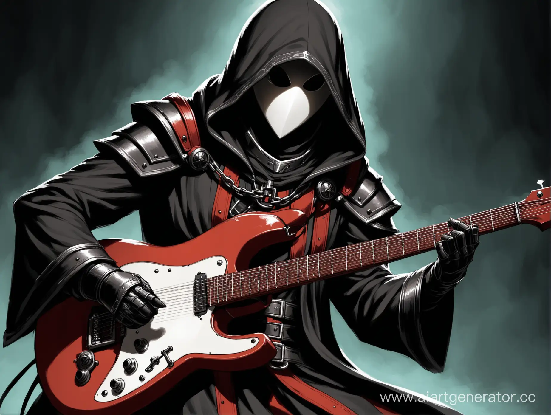 Inquisitor, playing guitar, wearing a hood, no face visible