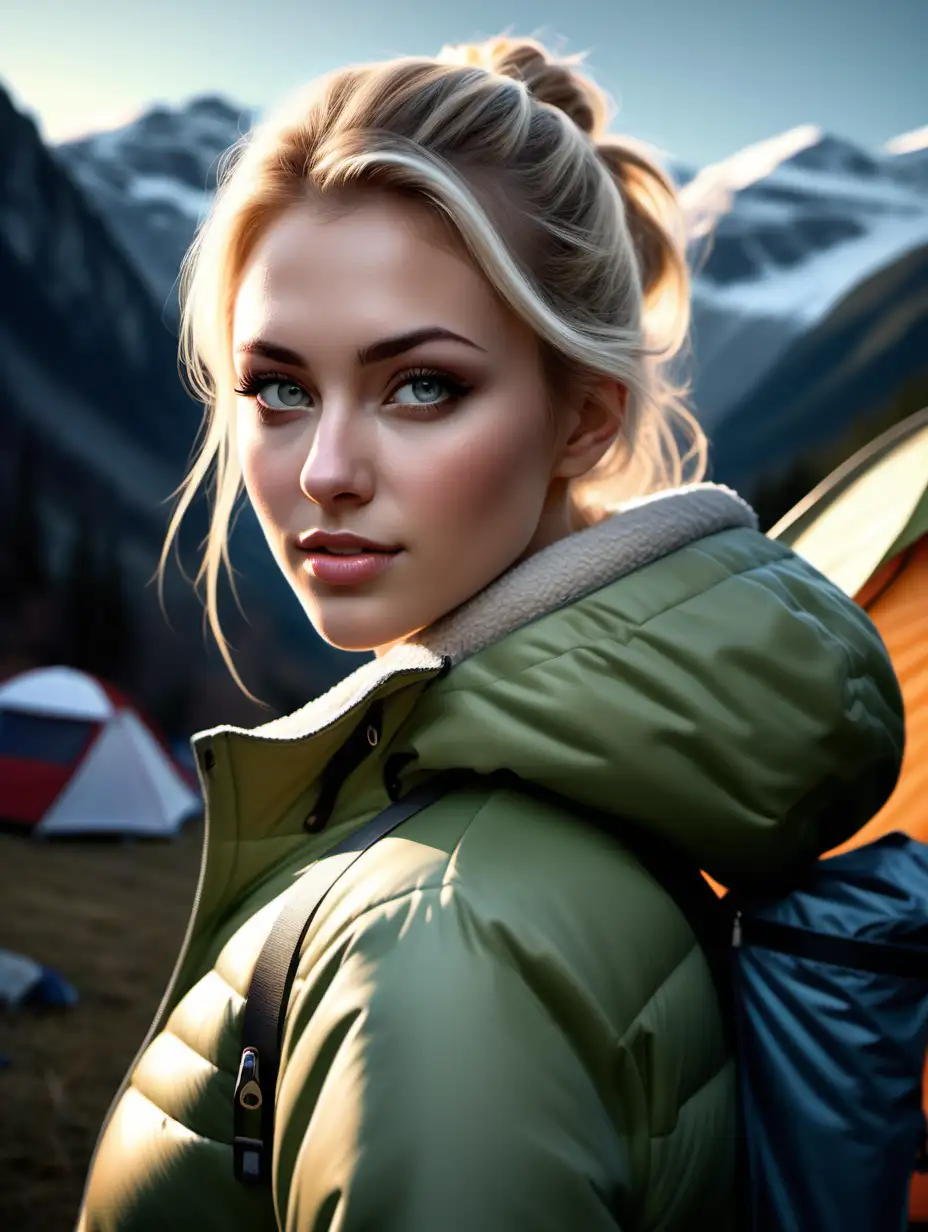 Beautiful Nordic woman, very attractive face, detailed eyes, big breasts, slim body, dark eye shadow,  blonde hair half up half down, wearing unzipped fleece lined jacket, close up, soft light on face, rim lighting, facing away from camera, looking back over her shoulder, a camping tent in mountains in the background, Illustration, very high detail, extra wide photo, full body photo, aerial photo