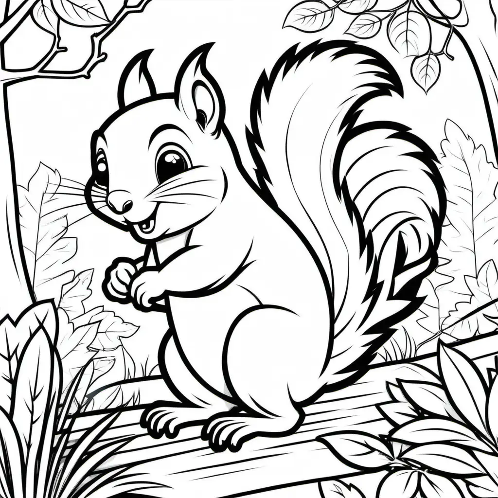 Create a coloring book page for 1 to 4 year olds. A simple cartoon  cute smiling friendly faced squirrel in their native enviroment. The image should have no shading or block colors and no background, make sure the animal fits in the picture fully and just clear lines for coloring. make all images with more cartoon faces and smiling