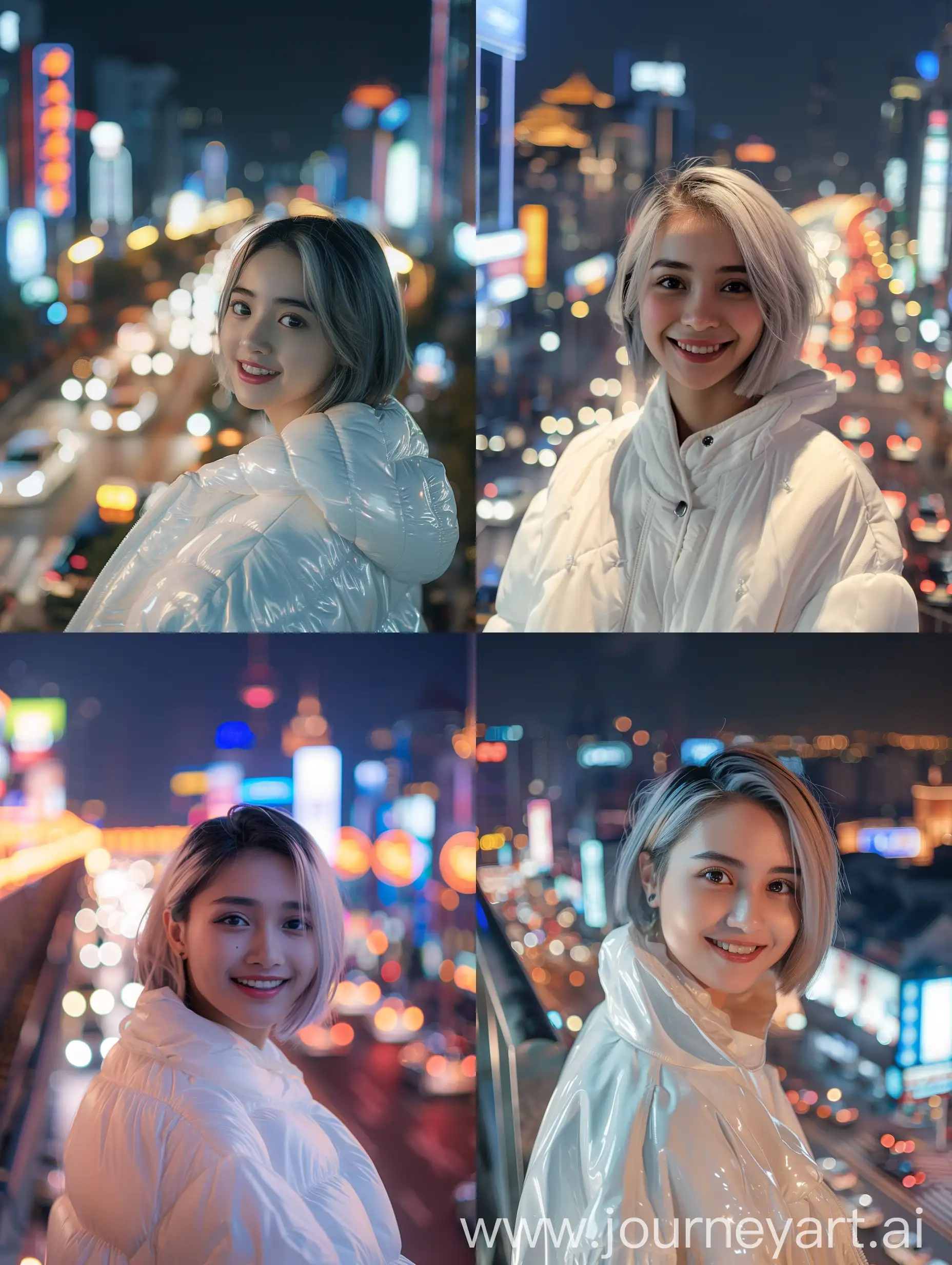 (8K, RAW Photo, Photography, Photorealistic, Realistic, Highest Quality, Intricate Detail), Medium photo of 25 year old Indonesian girl, wearing a white bubble jacket, smiling facing the camera, short ash and black blonde hair, her eyes looking at the camera , the corner of his eyes is parallel to the night view of China's city on the busy streets with many things. light .
