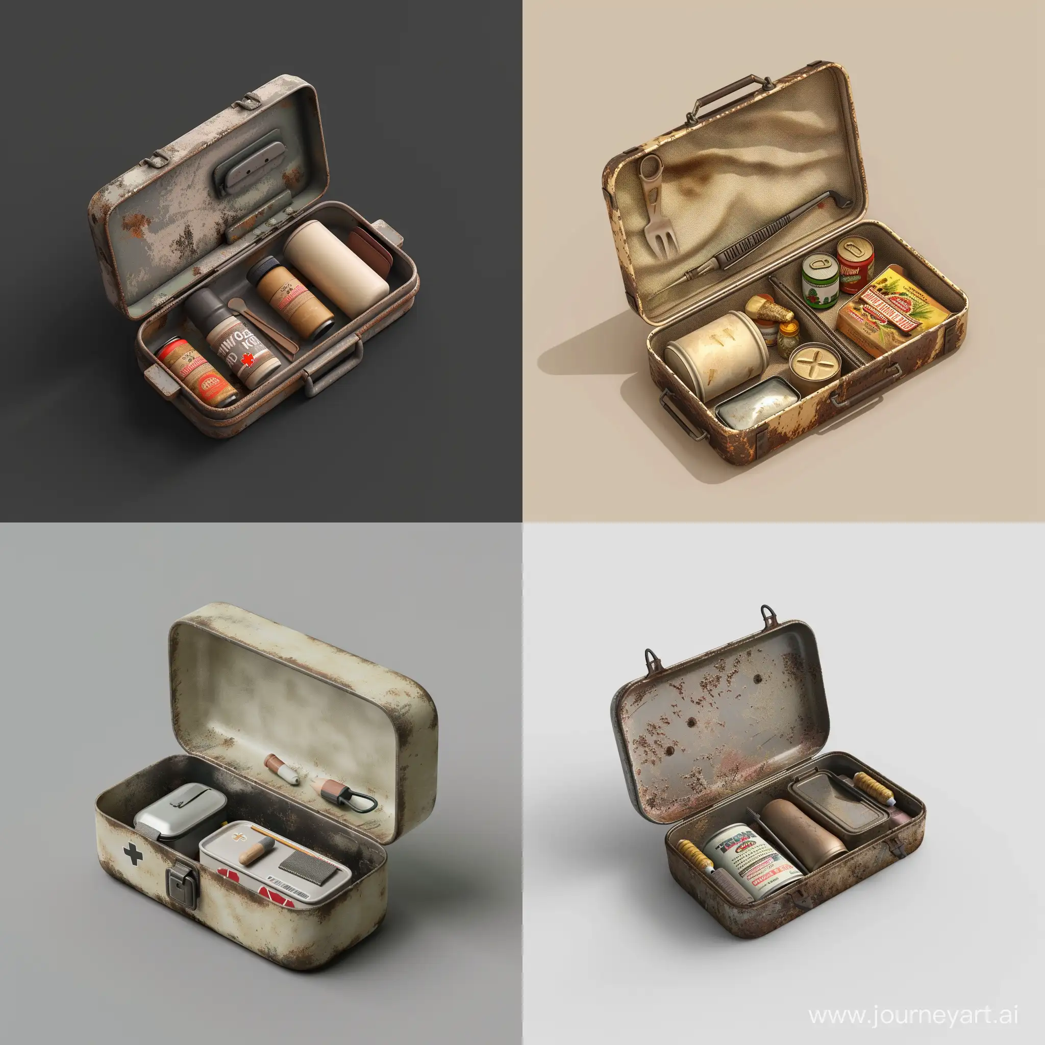 isometric realistic mini very small simple opened survival kit in realistic worn oblong metal case, 3d render, stalker style, less details, hunting first aid, hygiene, canned