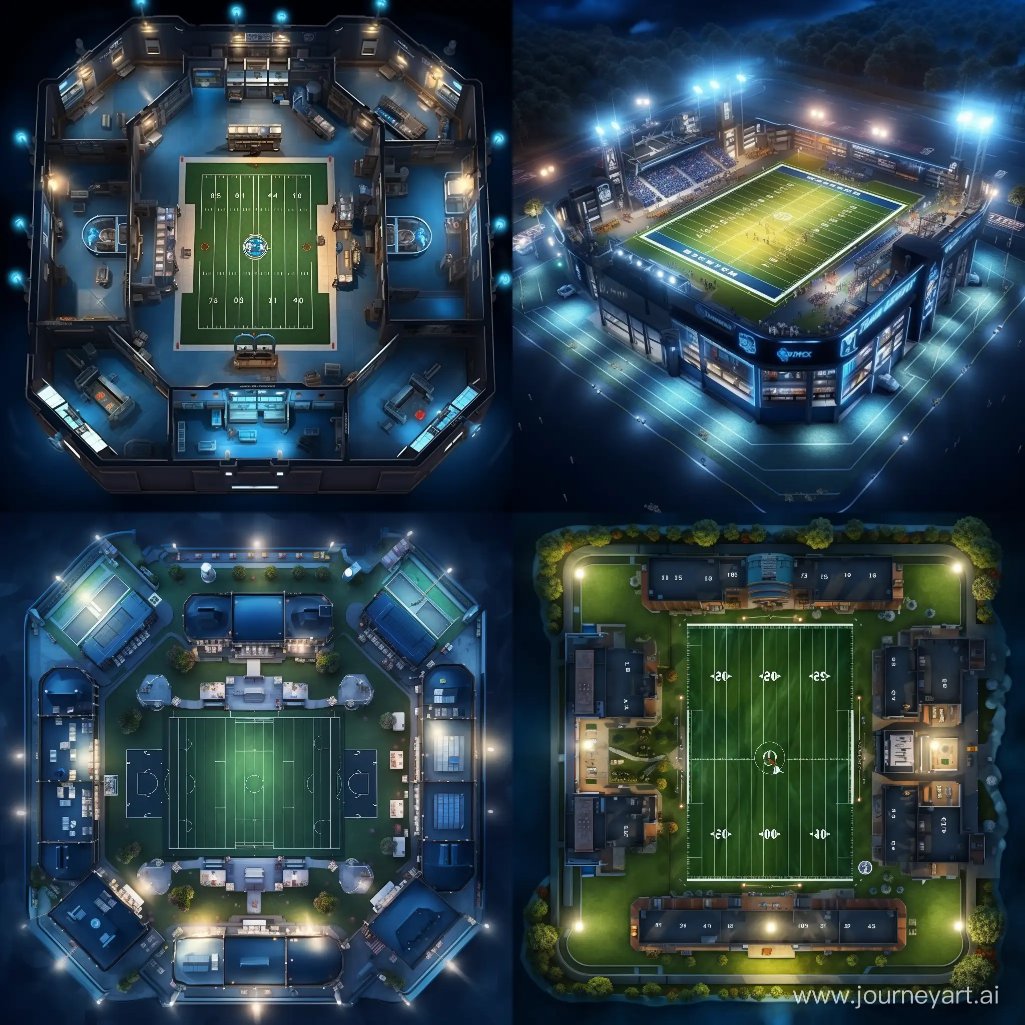 Футбольный комплекс с полем, раздевалками и освещением вид сверху. Картинка в стиле реализма, максимальное качество
