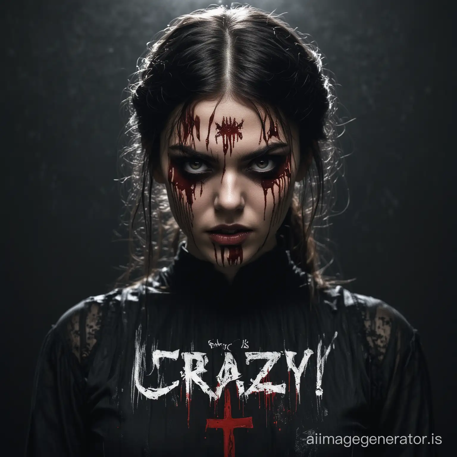 creepy dark haired girl with blood on her face and evil logo, wearing a dark dress, the eyes looking evil with crazy expression and covered dress