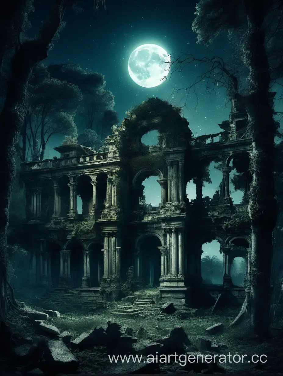 Развалины дворца среди ночного леса, освещенные лунным светом