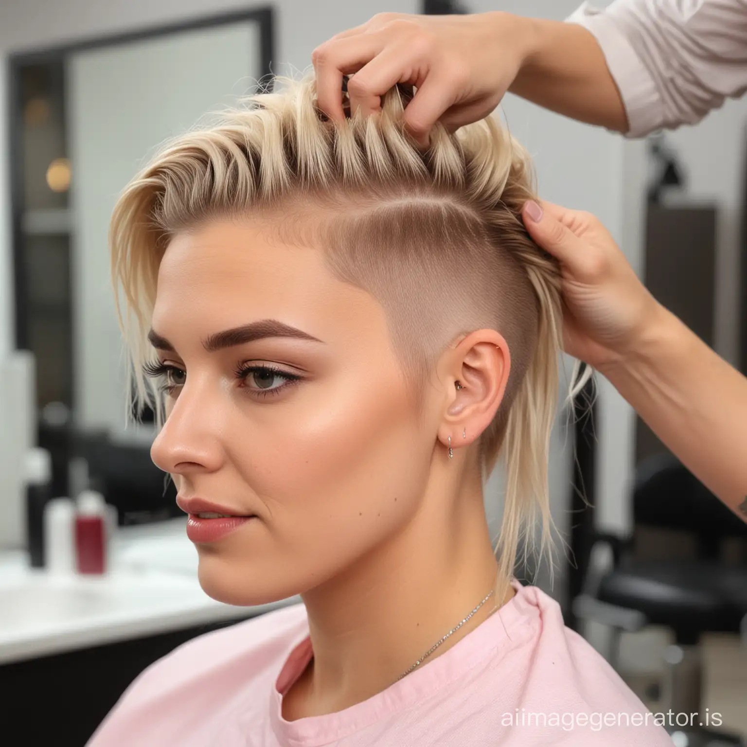 woman with long blonde hair getting  shaved undercut hairstyle in hairdressing salon