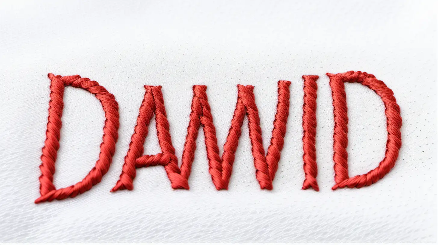 David Embroiders His Name on a Blank White Background