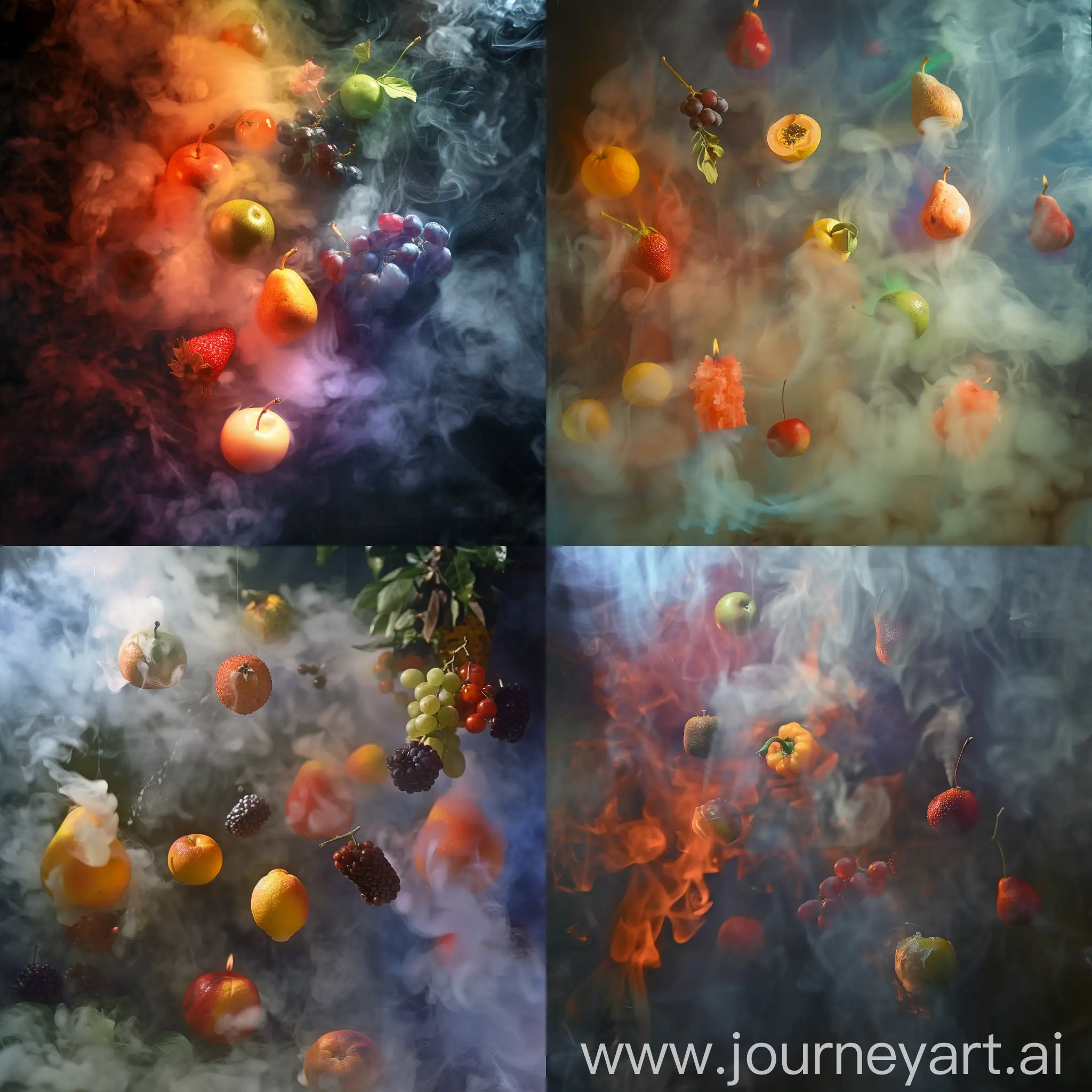 A captivating photograph of a marketplace candle card, where the smells of fruits create a ghostly halo of smoke, resembling a colored aura. The card features an intriguing composition, with the ghostly images of various fruits floating in the dark foggy background. The image successfully captures a sense of contrast, showcasing the realistic photography and excellent quality of the scene, making it a visual delight.