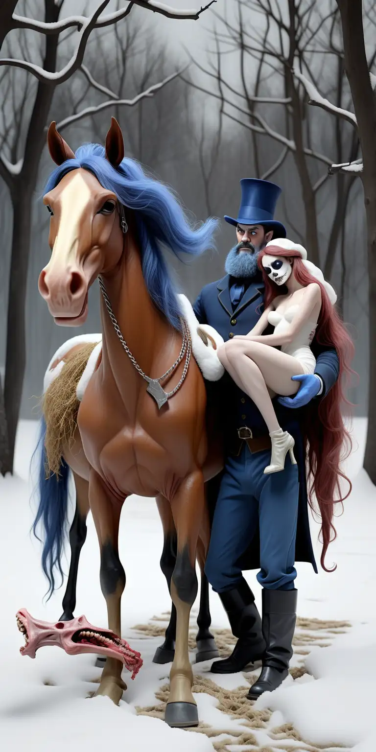 bluebeard man and a horse carrying a carcass of pretty dead woman in snow