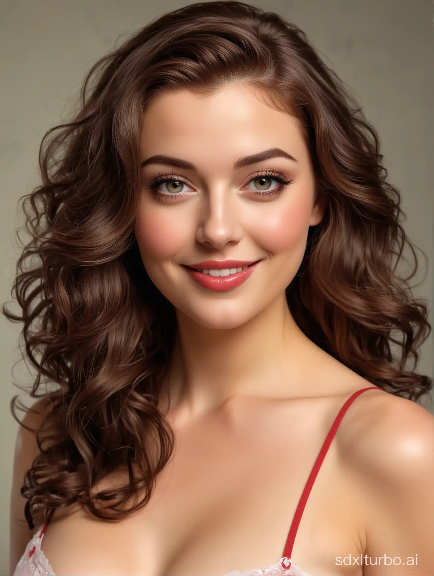 a portrait, a photorealistic pin-up, a photorealistic covergirl, slighly smiling, almost naked, pure beauty, small sexiest of all garments,long wavy hair, modern haircut, dreamy eyes, Allen Anderson, Vaughan Alden Bass, Rudolph Belarski,  Enoch Bolles, Margaret Brundage,  Al Buell, Henry Clive