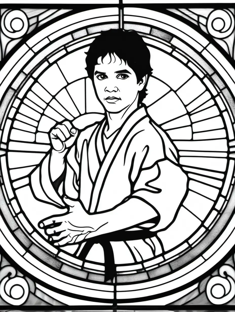 adult coloring page, clean black and white, white background, ralph macchio karate kid stained glass