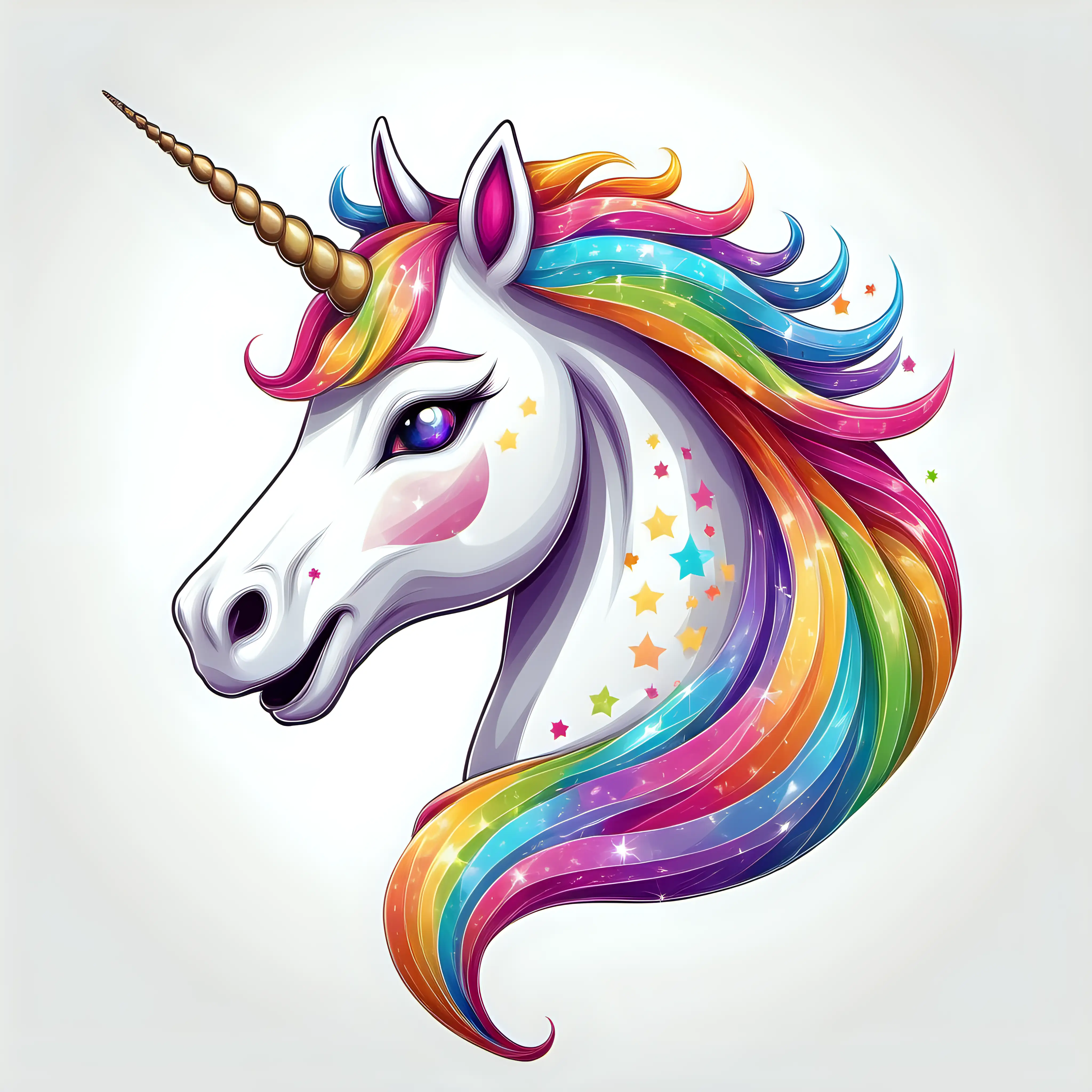 soft gaphic happy unicorn head, multicoloured flowing main and tail with blank background
