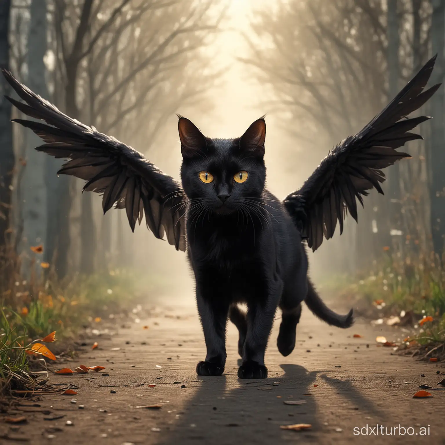 Black-Cat-with-Wings-Walking-Sideways-and-Glaring