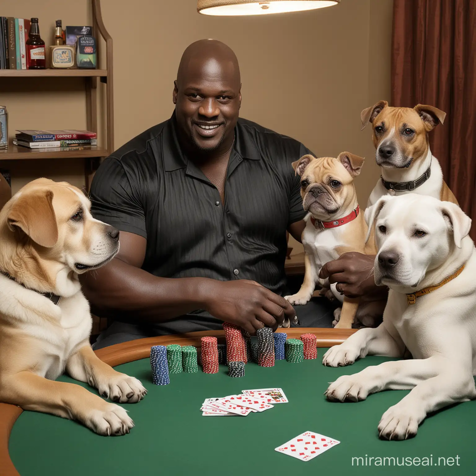 Shaquille O'Neal playing poker with dogs