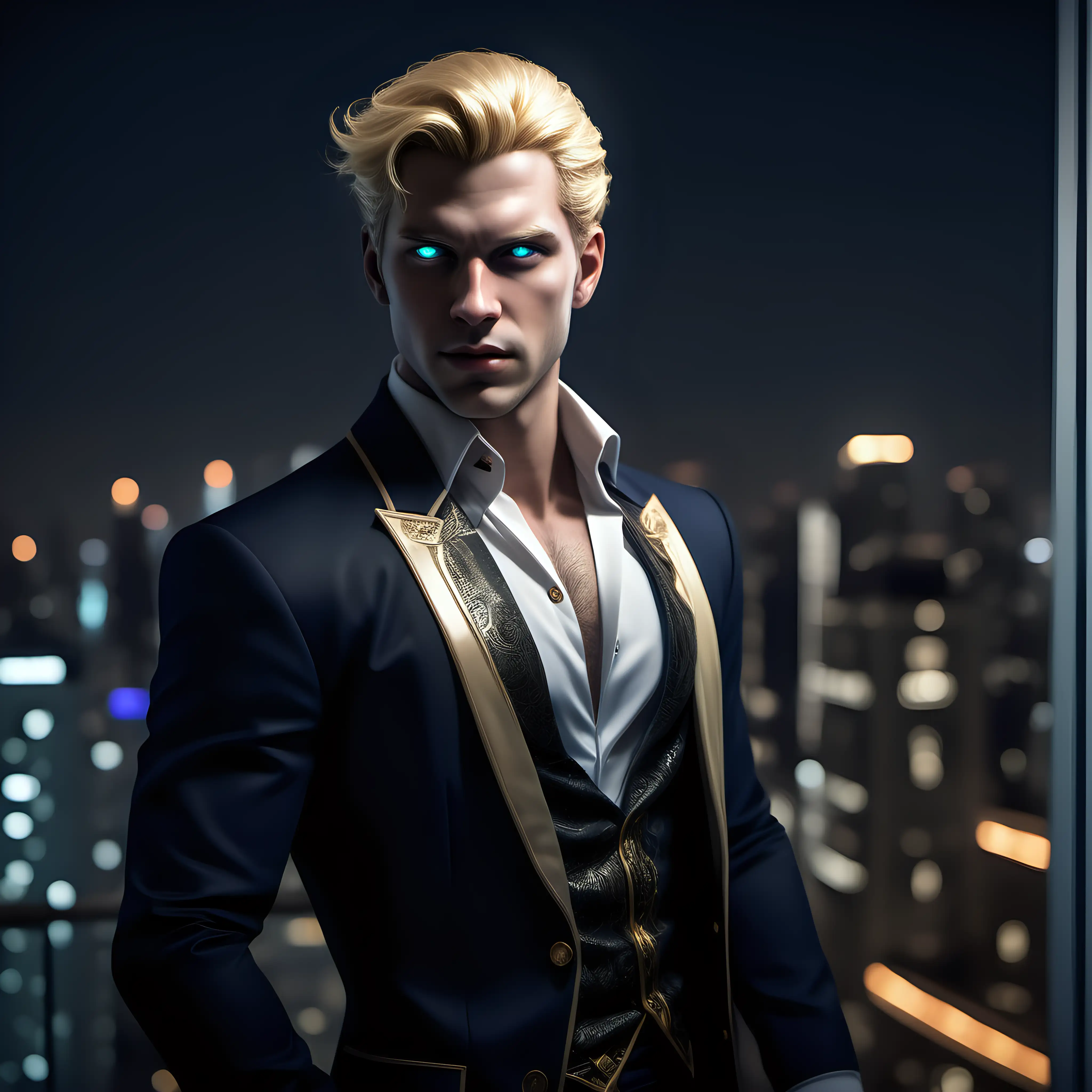 A male Caitiff prince, blonde hair, glowing eyes, inside a penthouse at night, expensive clothing, realistic
