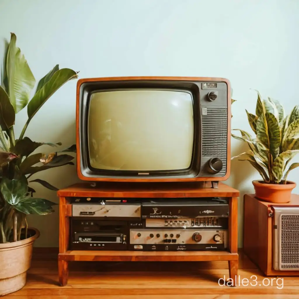 4:3, realistic, 70s CRT tv in home setting with houseplants and other AV gear stacked around (turntable and records.