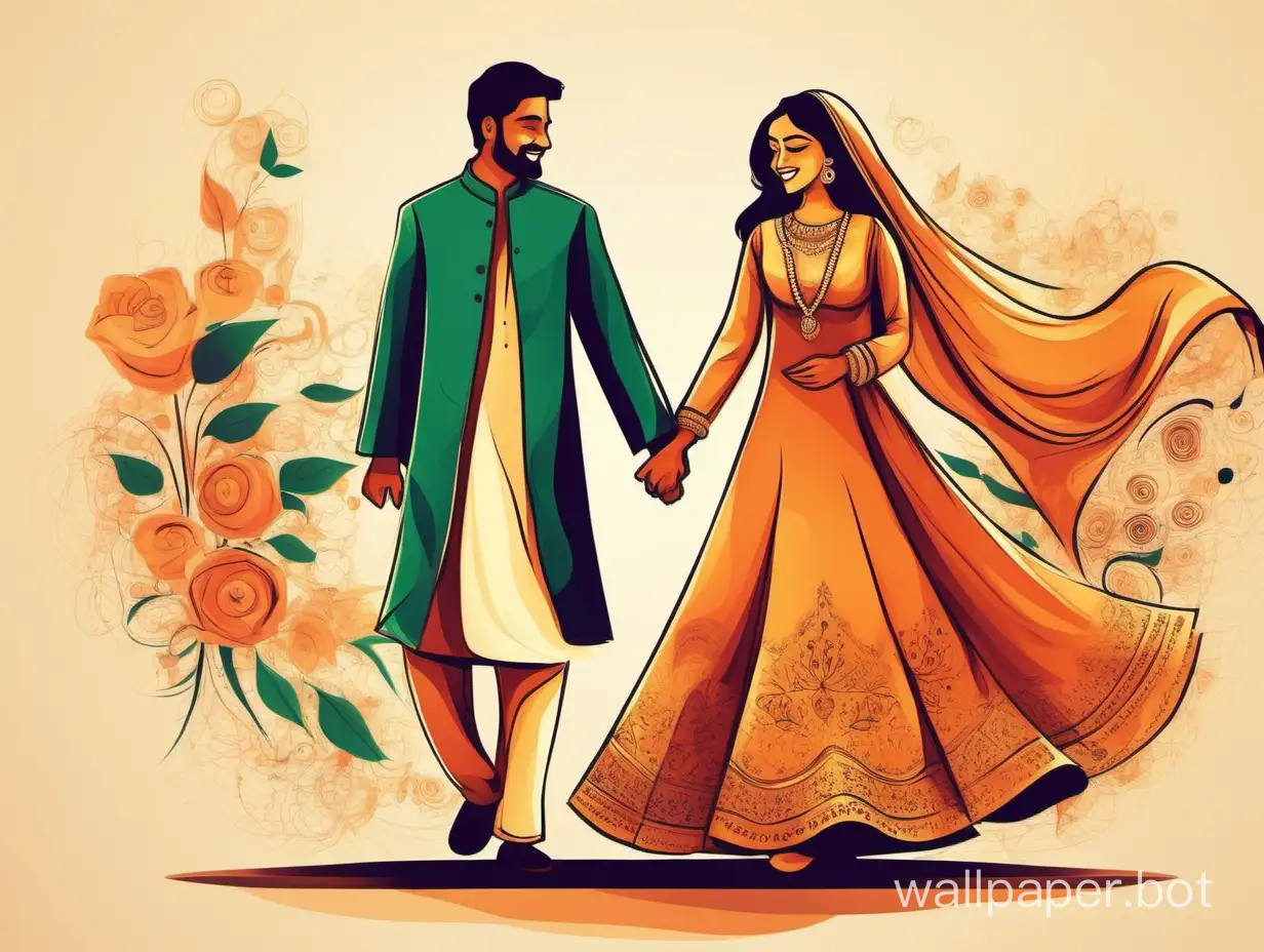 Generate an abstract illustration capturing happy married life with the essence of a joyful marital journey. Pakistani couple